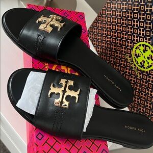 NIB Tory Burch Calf leather Black with Gold logo Slide Sandals size 10